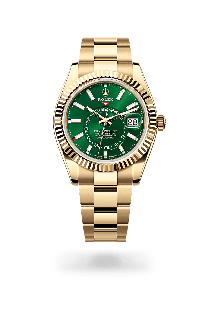Sky-Dweller, Oyster, 42 mm, yellow gold, Dial : Bright green, Rolex