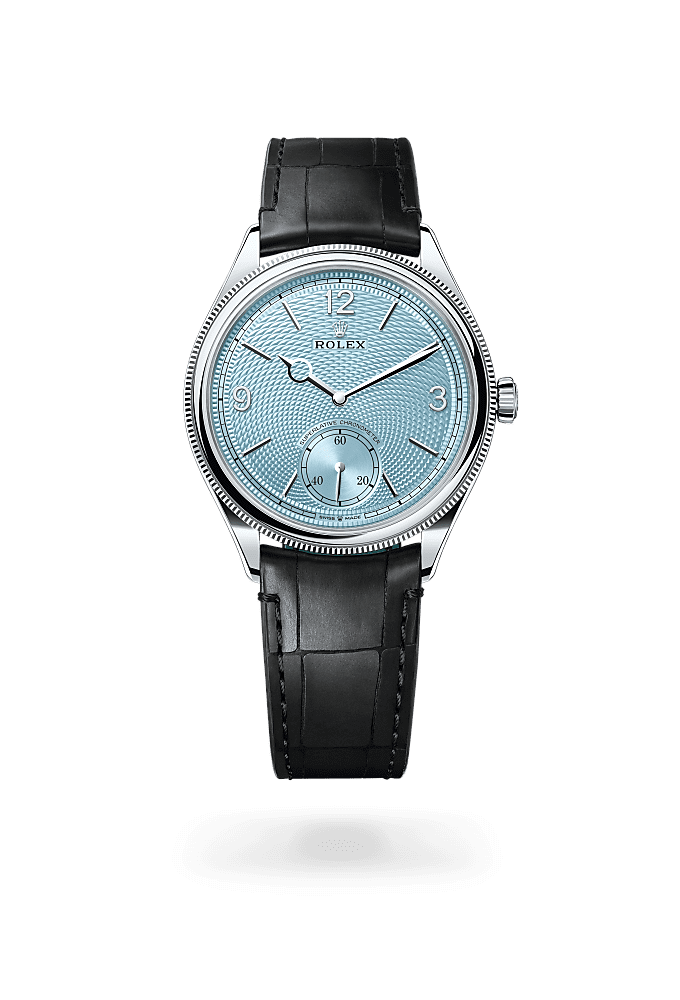 1908, 39 mm, platinum, polished finish, Dial : Ice blue, rice-grain motif, Rolex