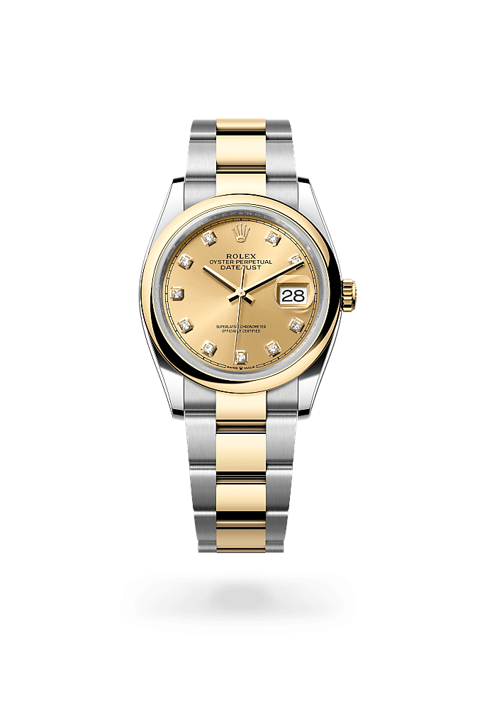 日志型 36, 蚝式，36毫米，黄金及蚝式钢, 表盘 : 香槟色，镶钻石, Rolex