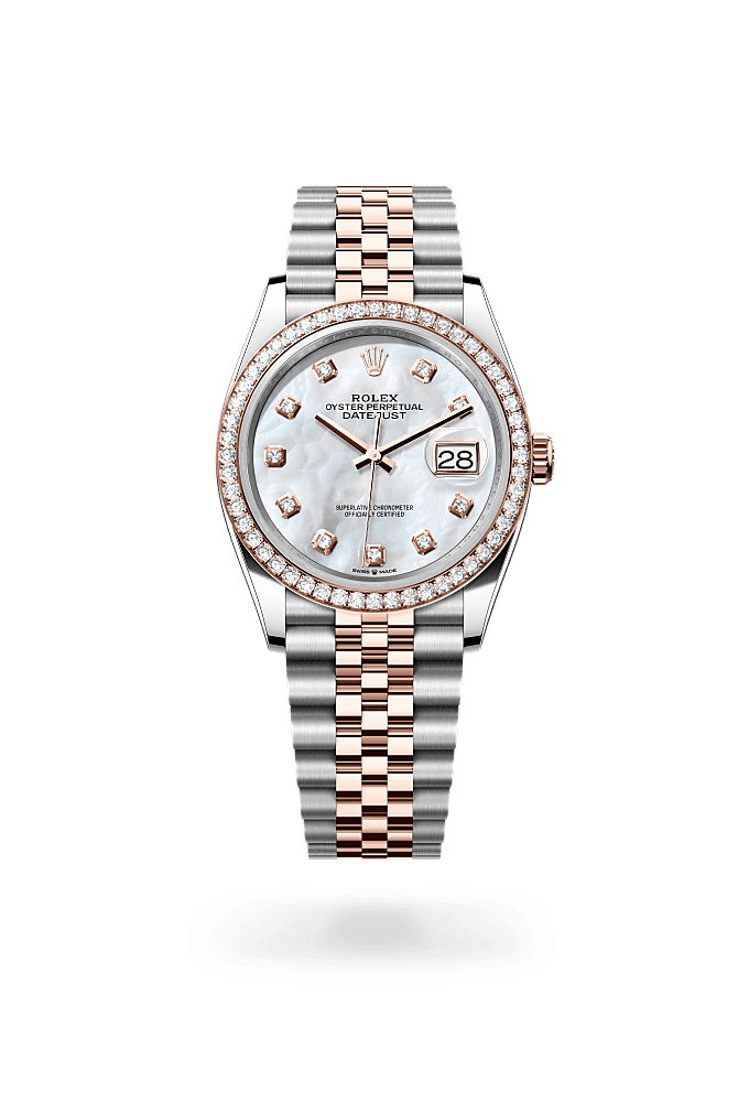 Datejust 36, Oyster, 36 mm, Oystersteel, Everose gold and diamonds, Dial : White mother-of-pearl set with diamonds, Rolex