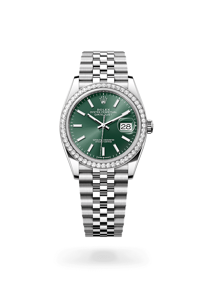 Datejust 36, Oyster, 36 mm, Oystersteel, white gold and diamonds, Dial : Mint green, Rolex