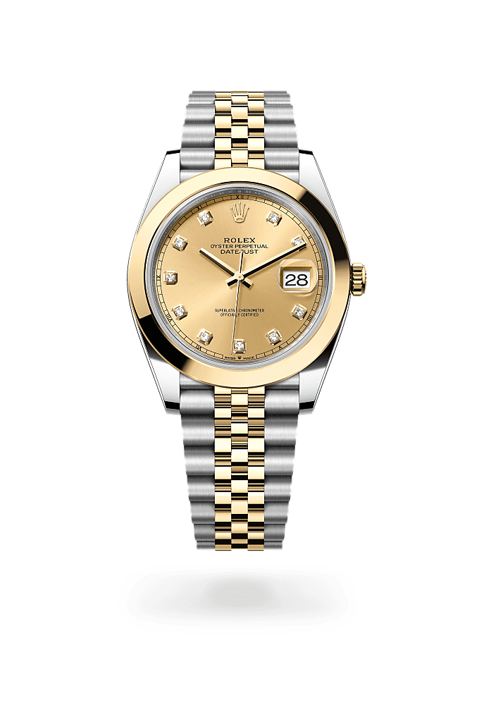 日志型 41, 蚝式，41毫米，黄金及蚝式钢, 表盘 : 香槟色，镶钻石, Rolex