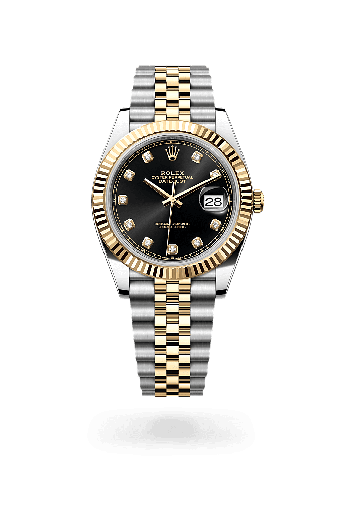 日志型 41, 蚝式，41毫米，黄金及蚝式钢, 表盘 : 亮黑色，镶钻石, Rolex