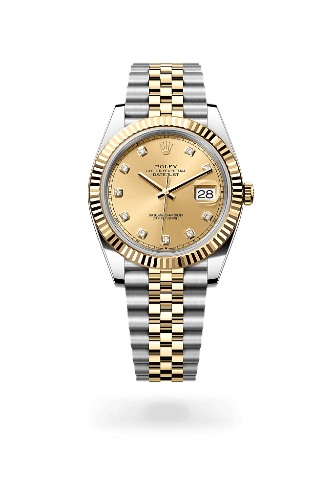 日志型 41, 蚝式，41毫米，黄金及蚝式钢, 表盘 : 香槟色，镶钻石, Rolex