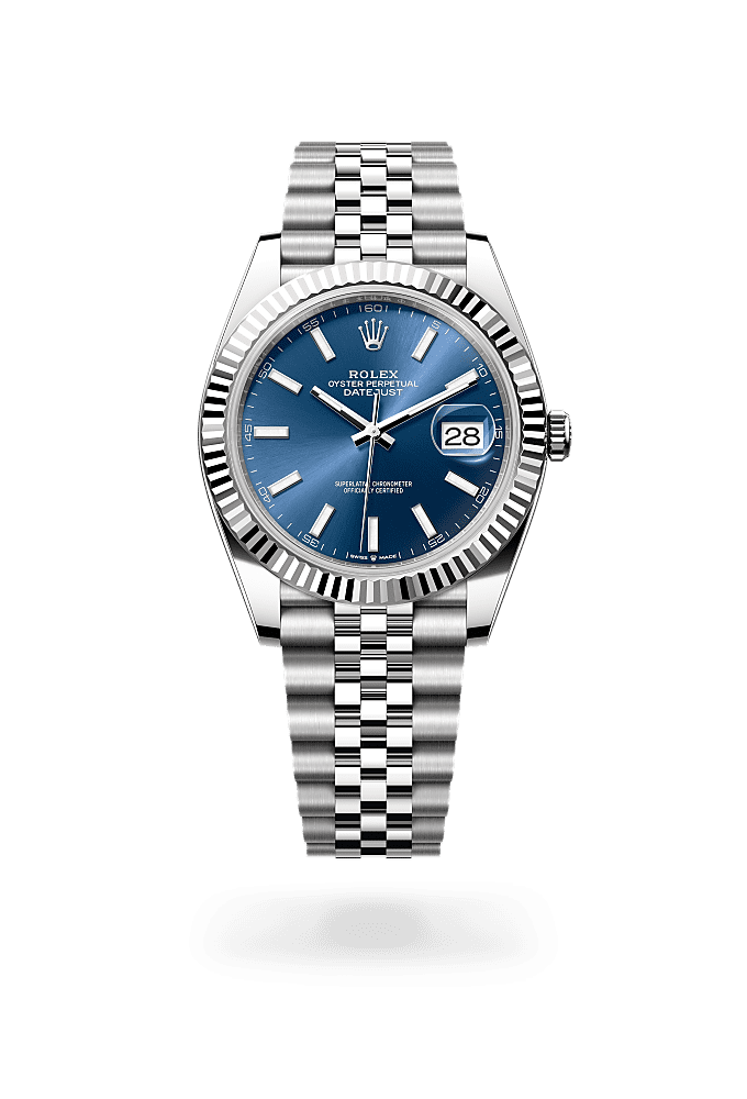 日志型 41, 蚝式，41毫米，白色黄金及蚝式钢, 表盘 : 亮蓝色, Rolex