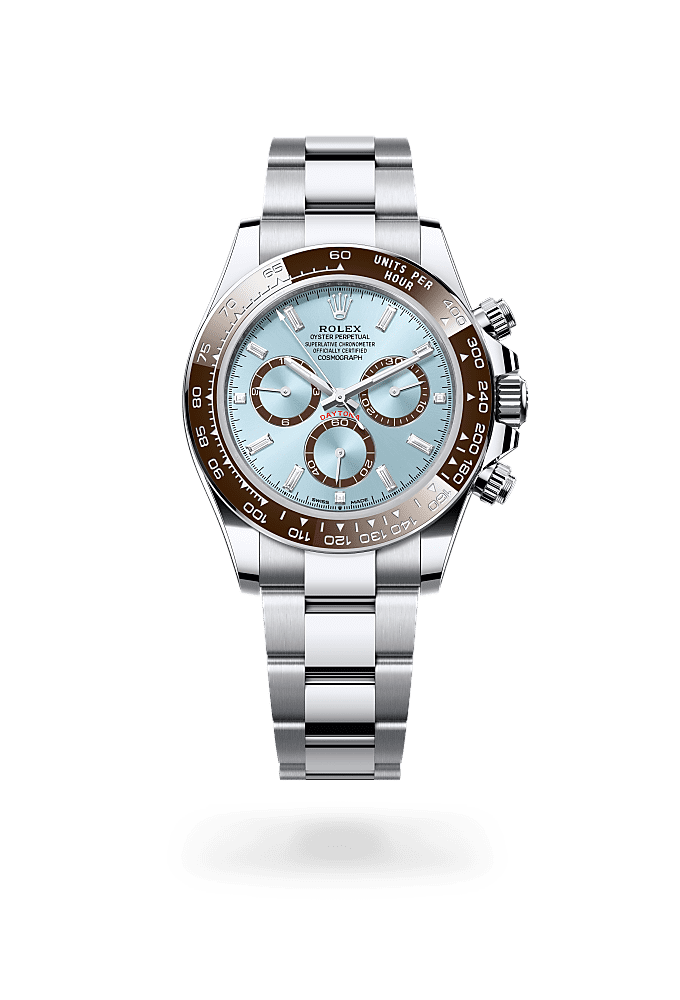 Cosmograph Daytona, Oyster, 40 mm, platinum, Dial : Ice blue, chestnut brown counter rings set with diamonds, Rolex