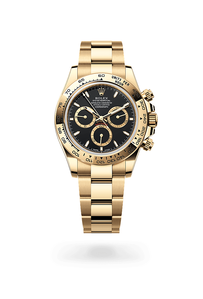 宇宙计型迪通拿, 蚝式，40毫米，黄金, 表盘 : 黑色，金色计时盘外圈, Rolex