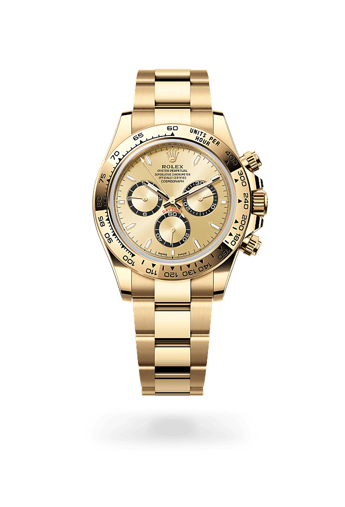 宇宙计型迪通拿, 蚝式，40毫米，黄金, 表盘 : 金色，黑色计时盘外圈, Rolex
