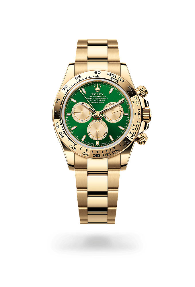 宇宙计型迪通拿, 蚝式，40毫米，黄金, 表盘 : 亮绿色及金色, Rolex