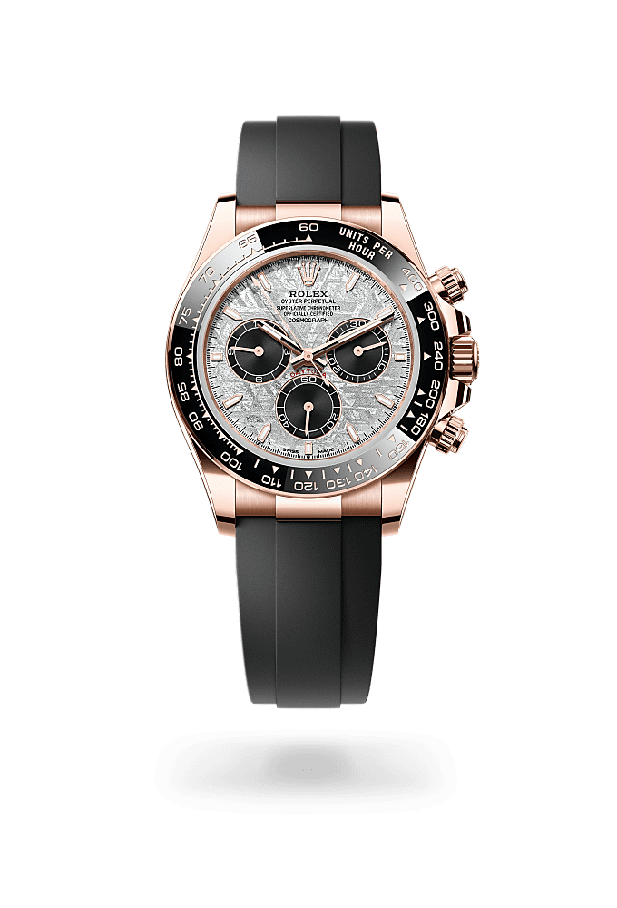 宇宙计型迪通拿, 蚝式，40毫米，永恒玫瑰金, 表盘 : 陨石及黑色, Rolex
