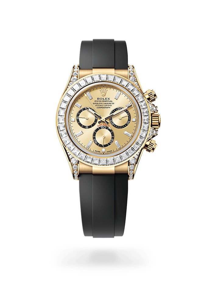 宇宙计型迪通拿, 蚝式，40毫米，钻石及黄金, 表盘 : 金色，亮黑色计时盘外圈镶钻石, Rolex