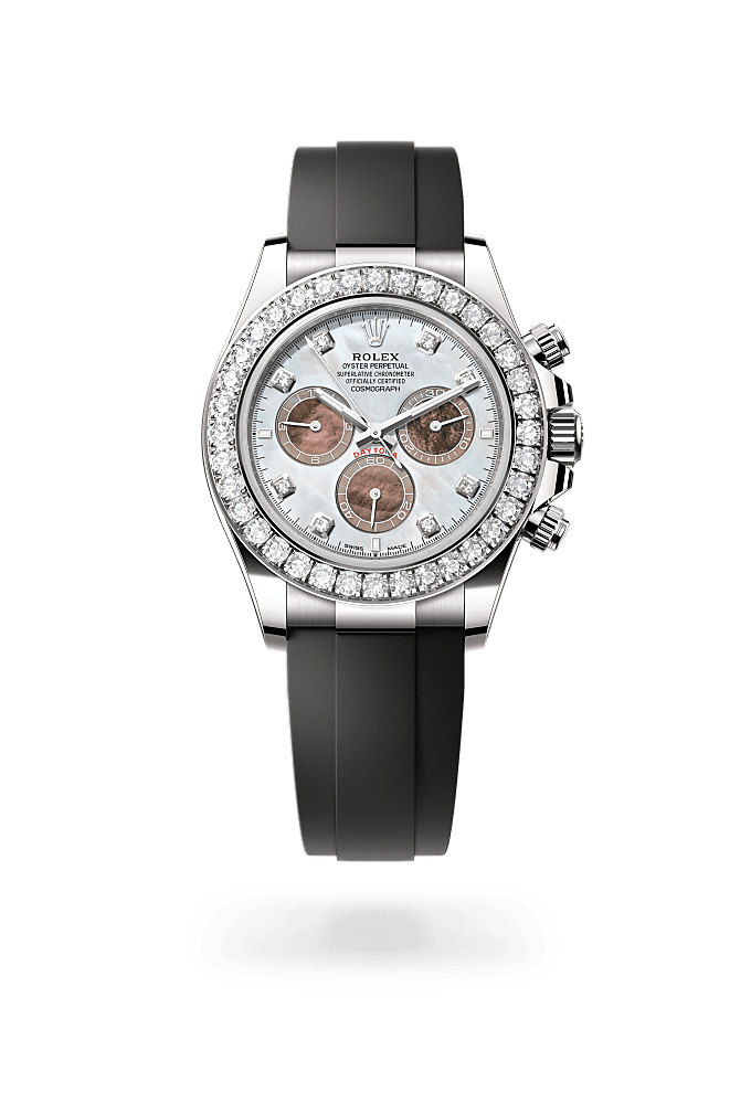 宇宙计型迪通拿, 蚝式,40毫米,钻石及白色黄金, 表盘 : 白色及黑色珍珠母,镶钻石, Rolex