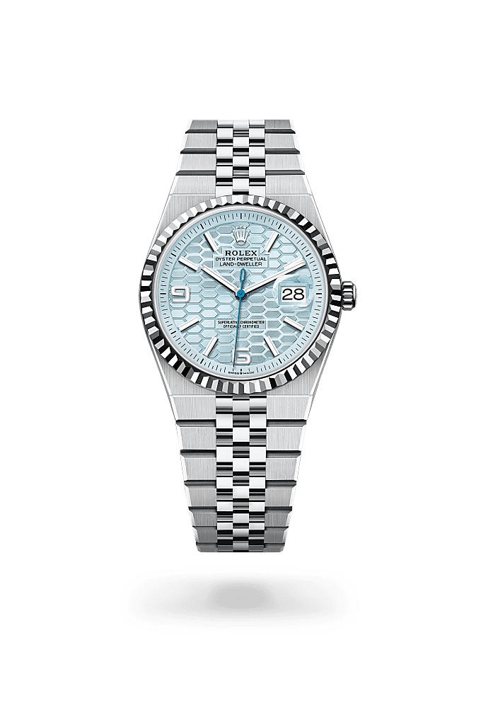 Land-Dweller 36, Oyster, 36 mm, platinum, Dial : Ice blue, honeycomb &#10;motif, Rolex