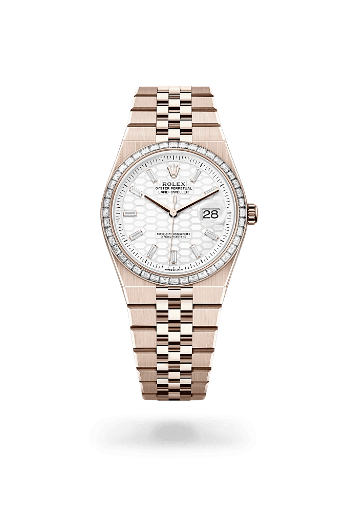 Land-Dweller 36, Oyster, 36 mm, Everose gold and diamonds, Dial : Intense white, honeycomb motif set with diamonds, Rolex