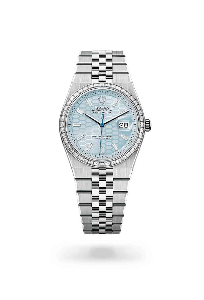 Land-Dweller 36, Oyster, 36 mm, platinum and diamonds, Dial : Ice blue, honeycomb motif set with diamonds, Rolex