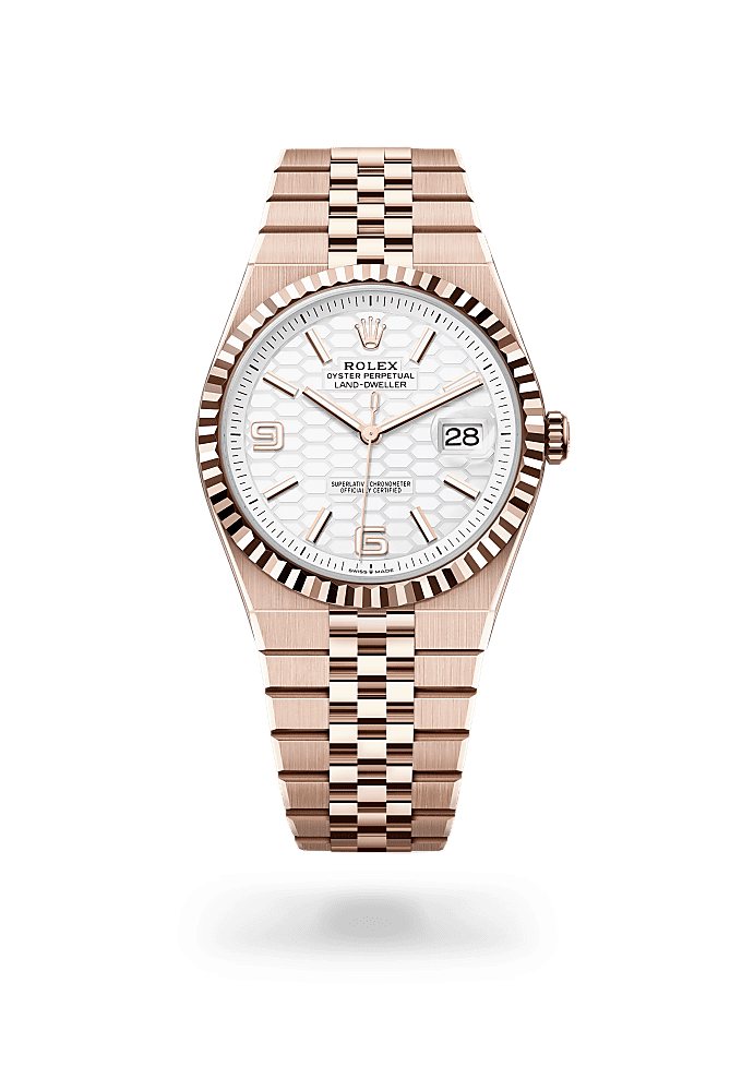 Land-Dweller 40, Oyster, 40 mm, Everose gold, Dial : Intense white, honeycomb motif, Rolex