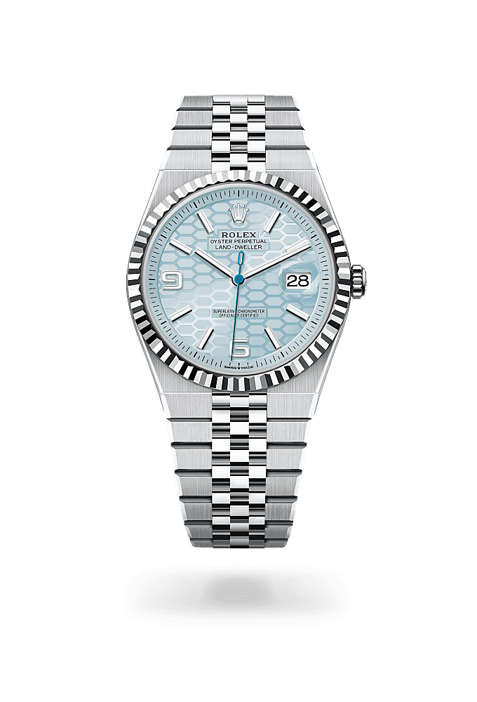 Land-Dweller 40, Oyster, 40 mm, platinum, Dial : Ice blue, honeycomb 
motif, Rolex