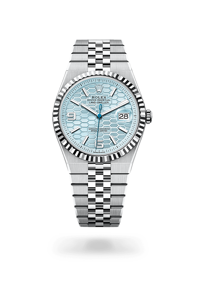 Land-Dweller 40, Oyster, 40 mm, platinum, Dial : Ice blue, honeycomb &#10;motif, Rolex