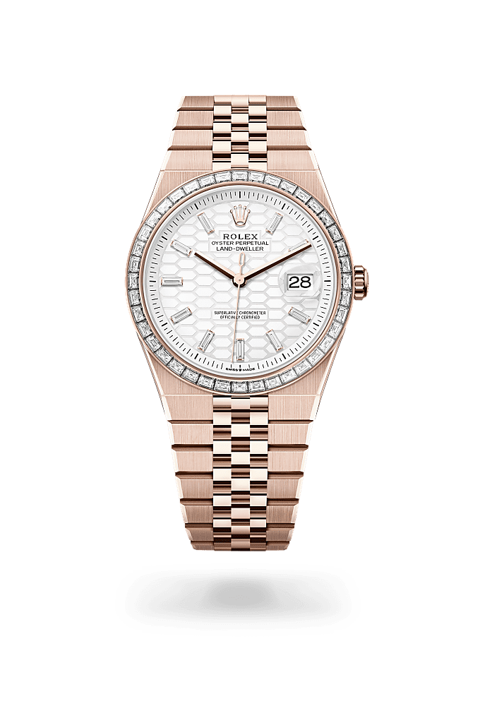 Land-Dweller 40, Oyster, 40 mm, Everose gold and diamonds, Dial : Intense white, honeycomb motif set with diamonds, Rolex