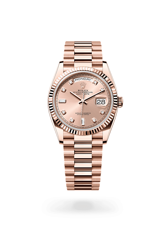 星期日历型 36, 蚝式，36毫米，永恒玫瑰金, 表盘 : 玫瑰金色，镶钻石, Rolex