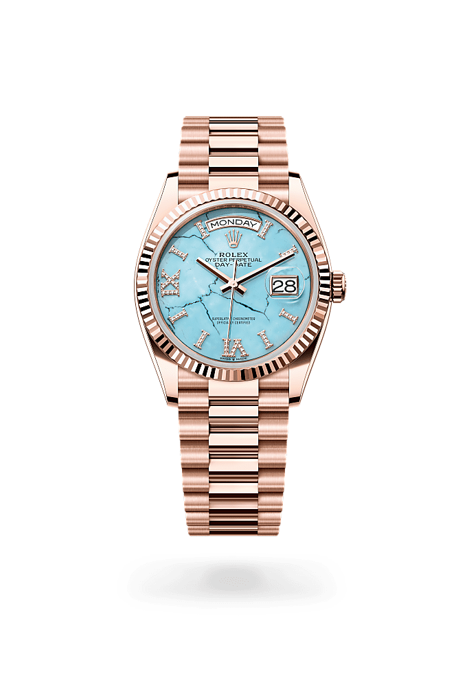 Day-Date 36, Oyster, 36 mm, Everose gold, Dial : Turquoise set with diamonds, Rolex