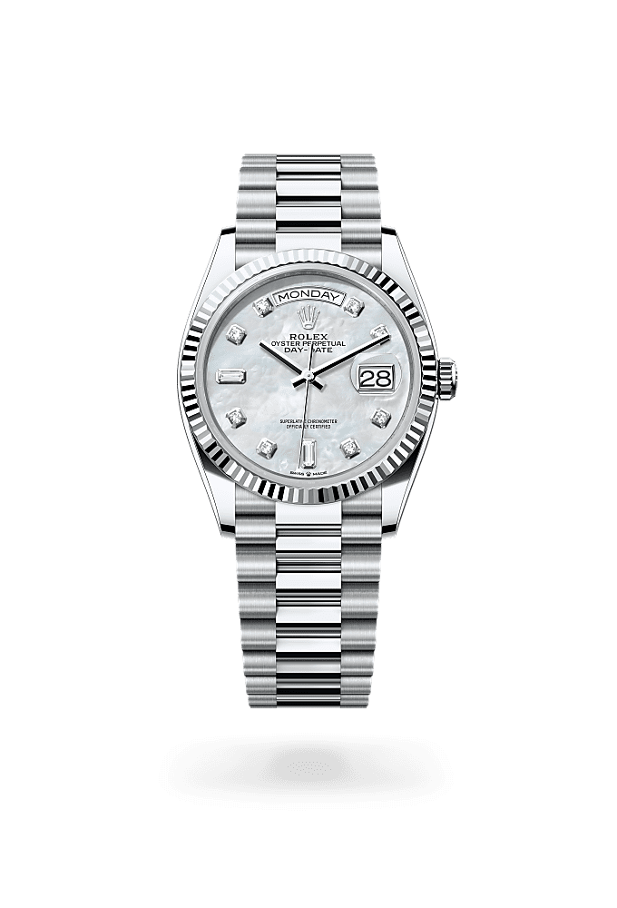星期日历型 36, 蚝式，36毫米，铂金, 表盘 : 白色珍珠母，镶钻石, Rolex