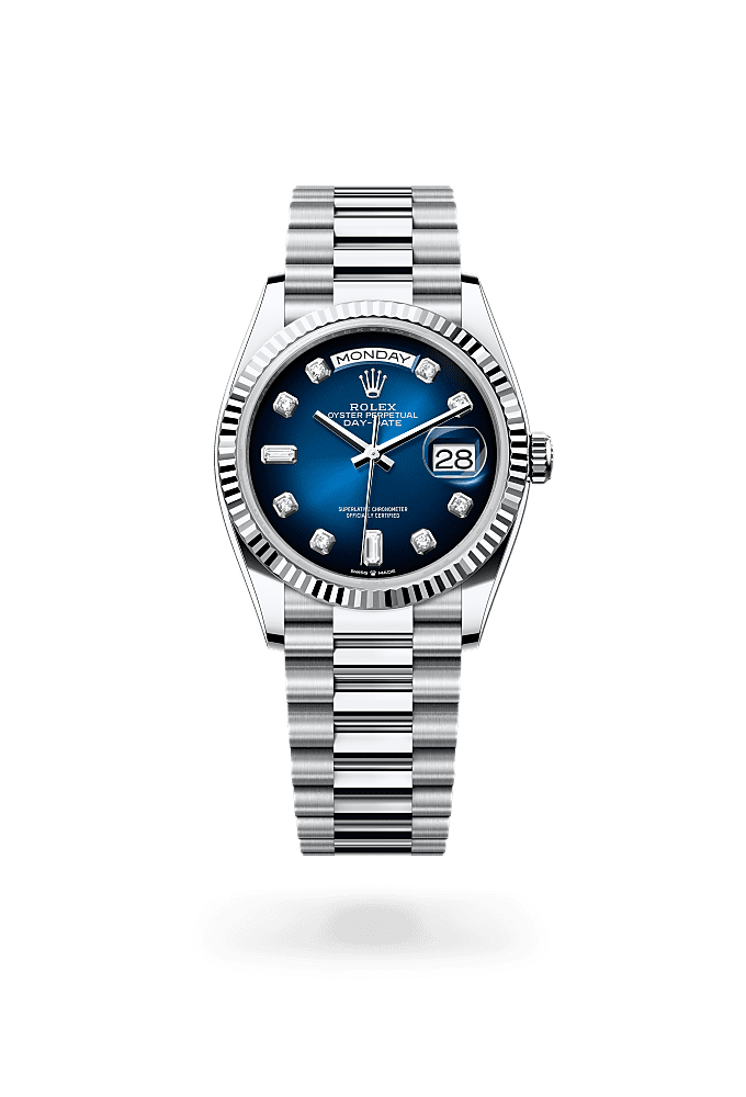 星期日历型 36, 蚝式，36毫米，铂金, 表盘 : 渐变蓝色，镶钻石, Rolex