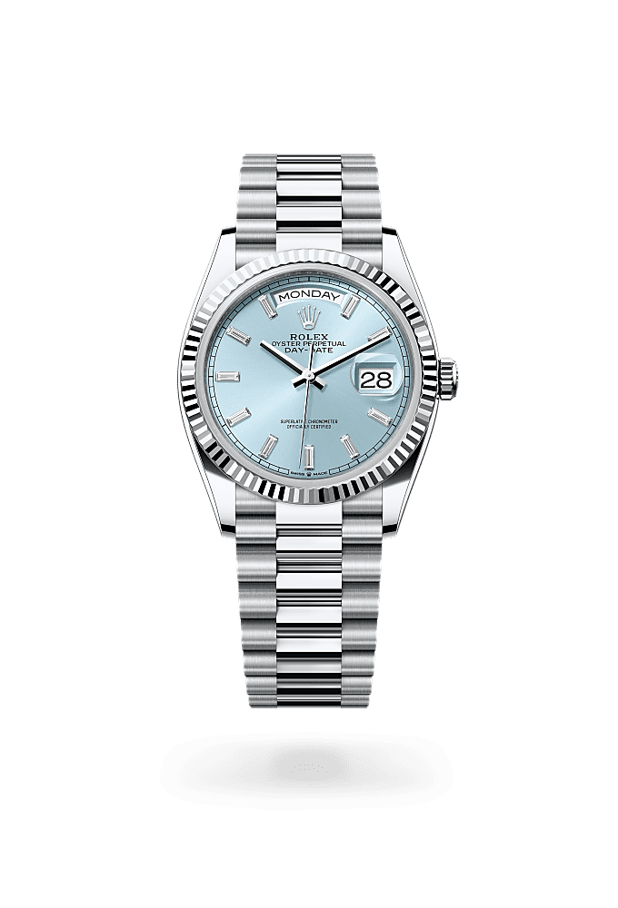 星期日历型 36, 蚝式，36毫米，铂金, 表盘 : 冰蓝色，镶钻石, Rolex