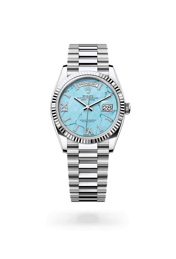 星期日历型 36, 蚝式，36毫米，铂金, 表盘 : 绿松石，镶钻石, Rolex