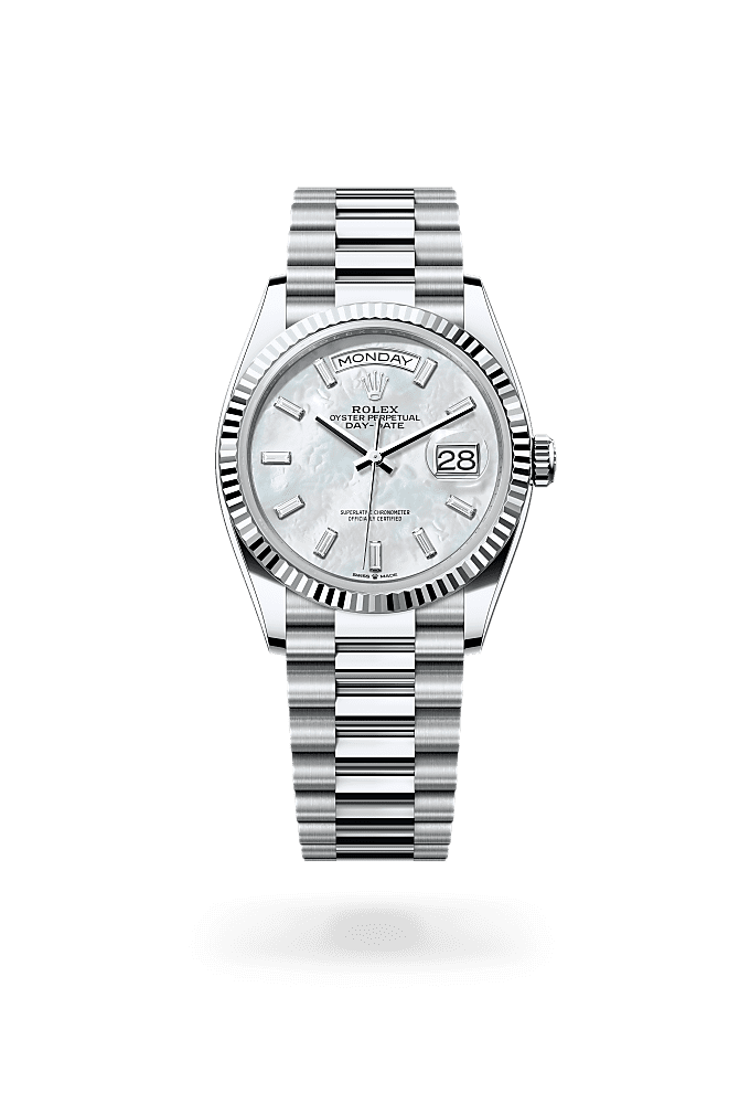 星期日历型 36, 蚝式，36毫米，铂金, 表盘 : 白色珍珠母，镶钻石, Rolex