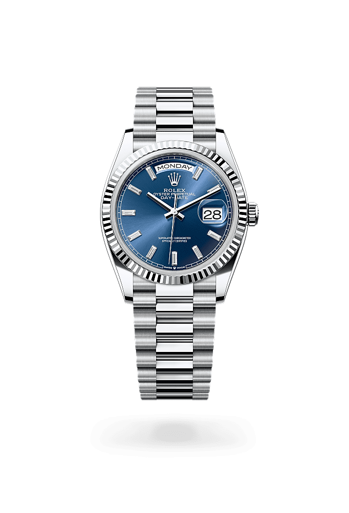 星期日历型 36, 蚝式，36毫米，铂金, 表盘 : 亮蓝色，镶钻石, Rolex