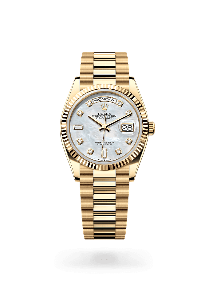 Day-Date 36, Oyster, 36 mm, yellow gold, Dial : White mother-of-pearl set with diamonds, Rolex