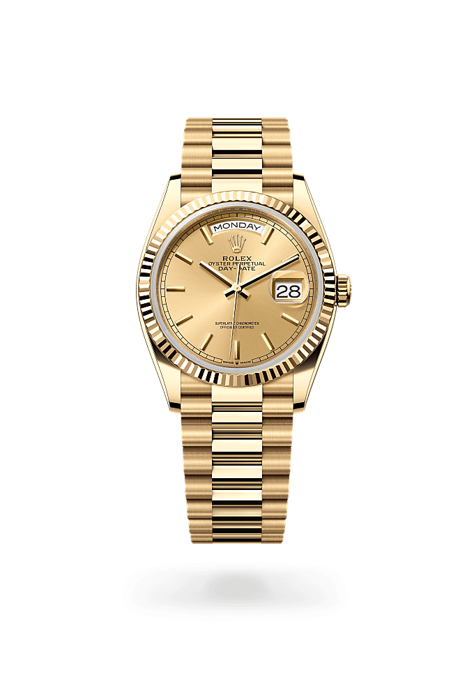 星期日历型 36, 蚝式，36毫米，黄金, 表盘 : 香槟色, Rolex