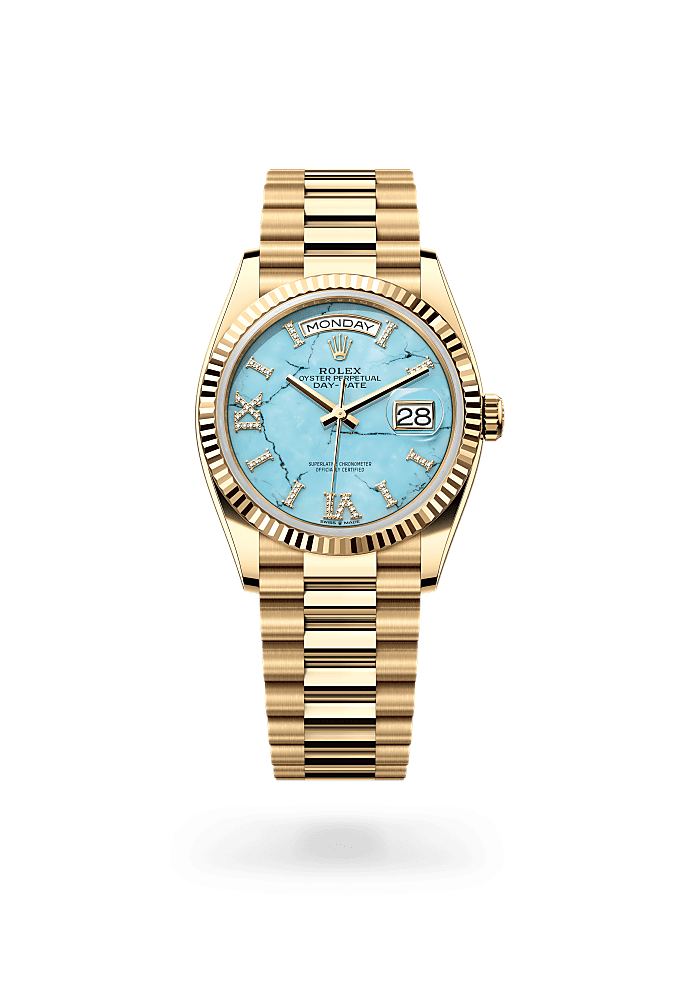 星期日历型 36, 蚝式，36毫米，黄金, 表盘 : 绿松石，镶钻石, Rolex