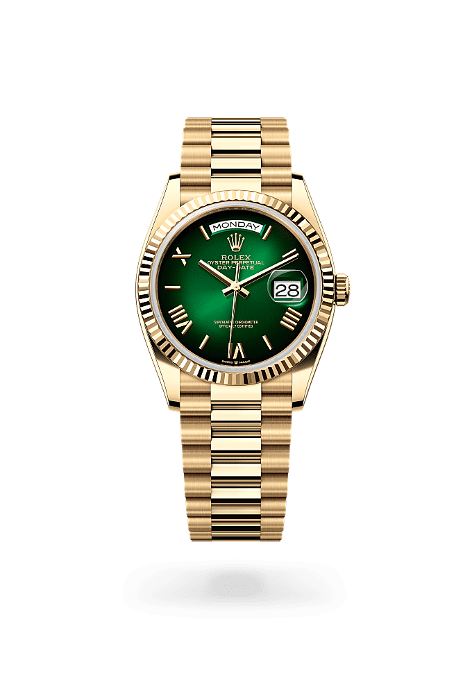 星期日历型 36, 蚝式，36毫米，黄金, 表盘 : 渐变绿色, Rolex