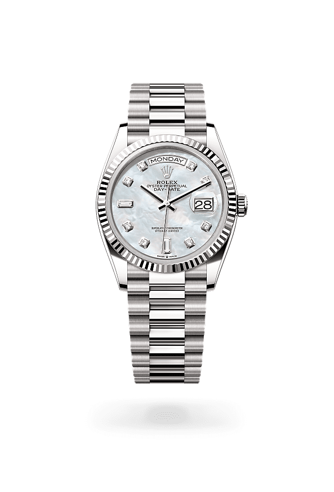 Day-Date 36, Oyster, 36 mm, white gold, Dial : White mother-of-pearl set with diamonds, Rolex
