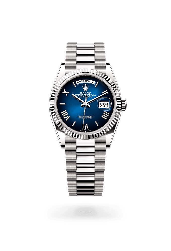星期日历型 36, 蚝式，36毫米，白色黄金, 表盘 : 渐变蓝色, Rolex