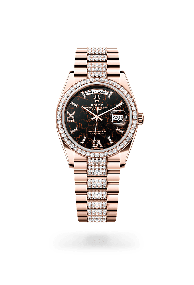 星期日历型 36, 蚝式，36毫米，钻石及永恒玫瑰金, 表盘 : 赤铁石英，镶钻石, Rolex