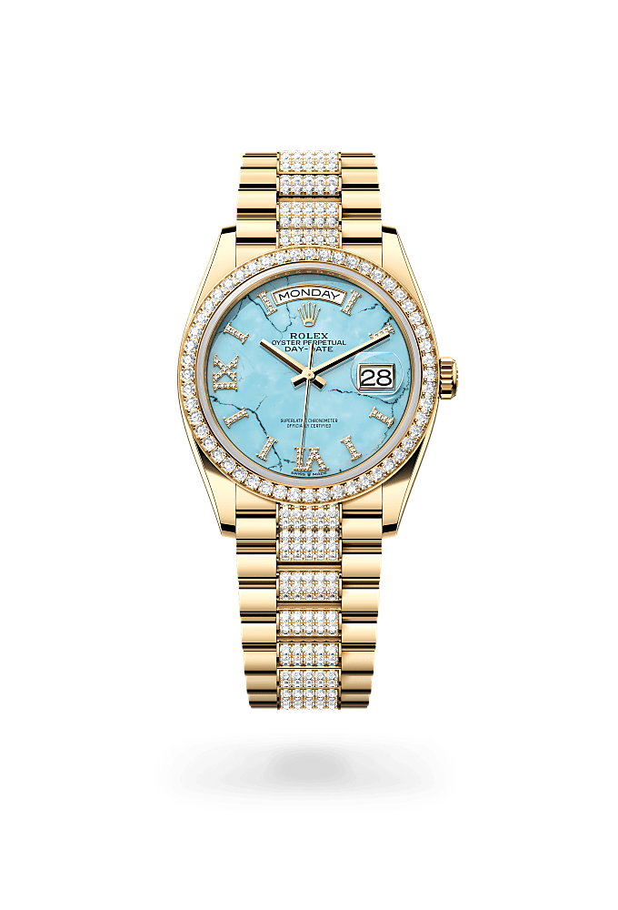 星期日历型 36, 蚝式，36毫米，钻石及黄金, 表盘 : 绿松石，镶钻石, Rolex