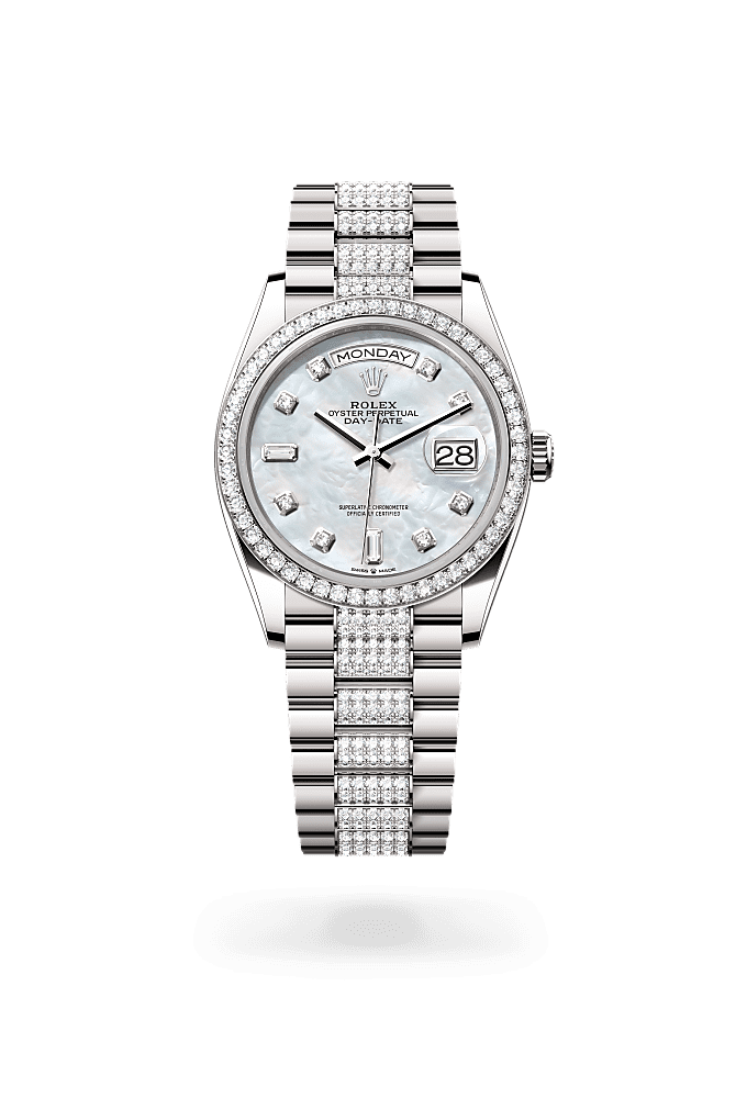 Day-Date 36, Oyster, 36 mm, white gold and diamonds, Dial : White mother-of-pearl set with diamonds, Rolex