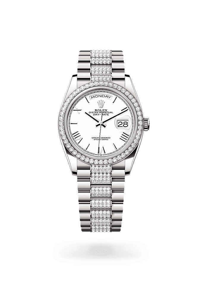 星期日历型 36, 蚝式，36毫米，钻石及白色黄金, 表盘 : 白色, Rolex