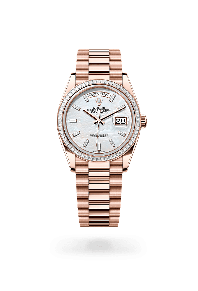 Day-Date 36, Oyster, 36 mm, Everose gold and diamonds, Dial : White mother-of-pearl set with diamonds, Rolex