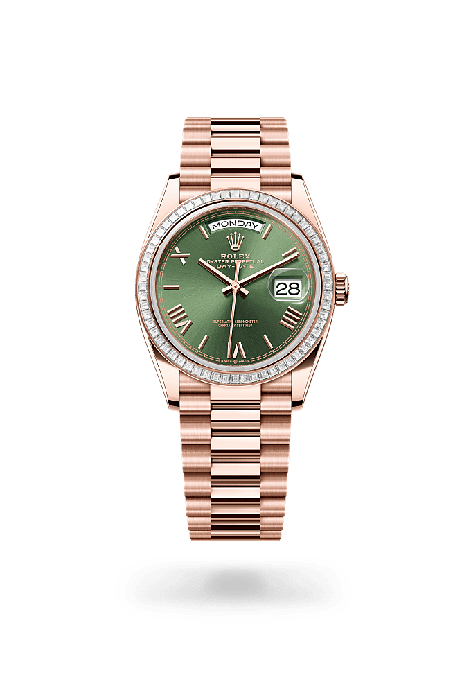 Day-Date 36, Oyster, 36 mm, Everose gold and diamonds, Dial : Olive green, Rolex