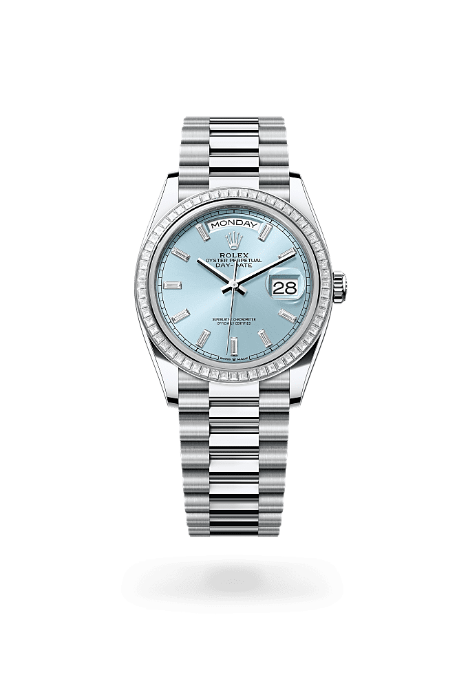 星期日历型 36, 蚝式，36毫米，钻石及铂金, 表盘 : 冰蓝色，镶钻石, Rolex