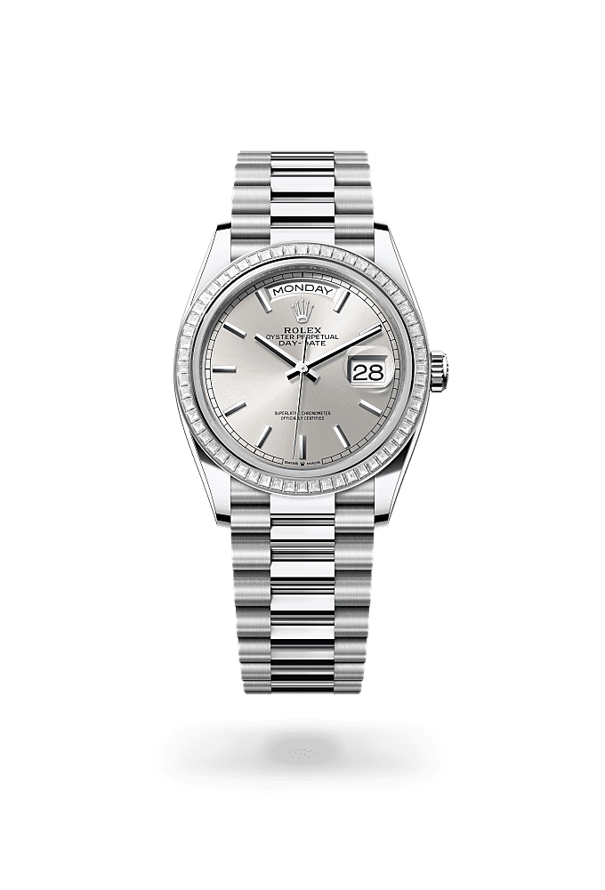 星期日历型 36, 蚝式，36毫米，钻石及铂金, 表盘 : 银色, Rolex
