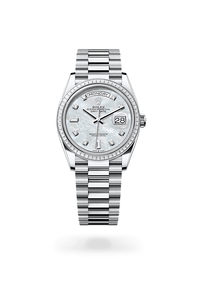 Day-Date 36, Oyster, 36 mm, platinum and diamonds, Dial : White mother-of-pearl set with diamonds, Rolex