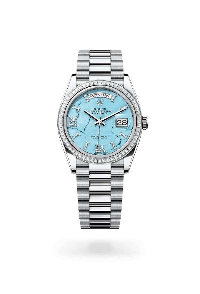 星期日历型 36, 蚝式，36毫米，钻石及铂金, 表盘 : 绿松石，镶钻石, Rolex