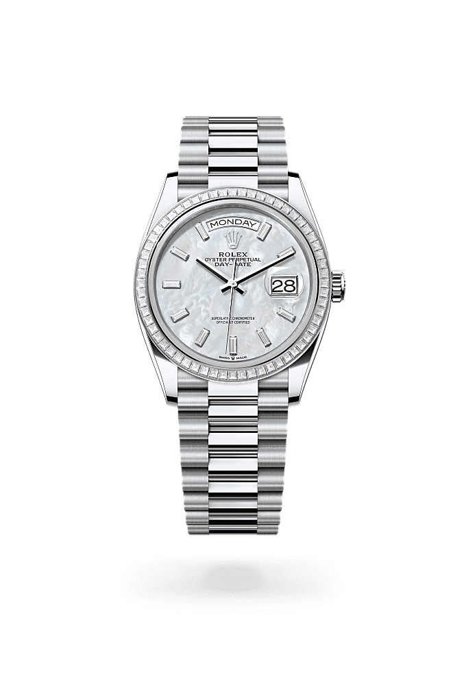 Day-Date 36, Oyster, 36 mm, platinum and diamonds, Dial : White mother-of-pearl set with diamonds, Rolex