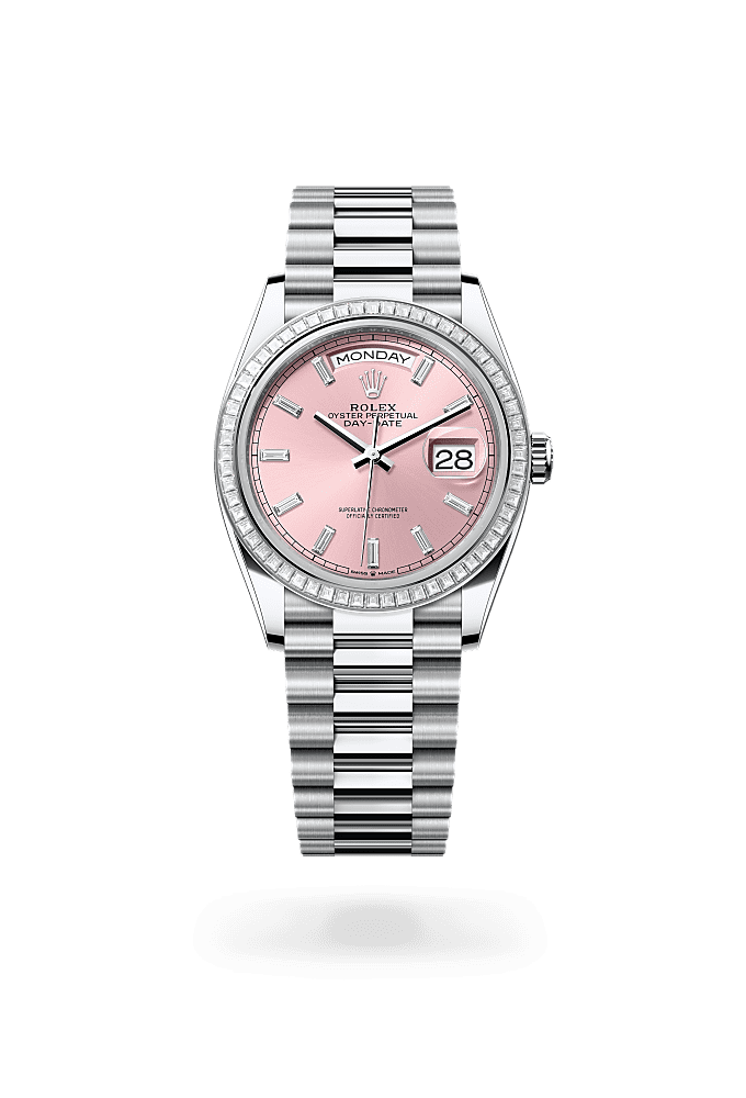 星期日历型 36, 蚝式，36毫米，钻石及铂金, 表盘 : 粉红色，镶钻石, Rolex