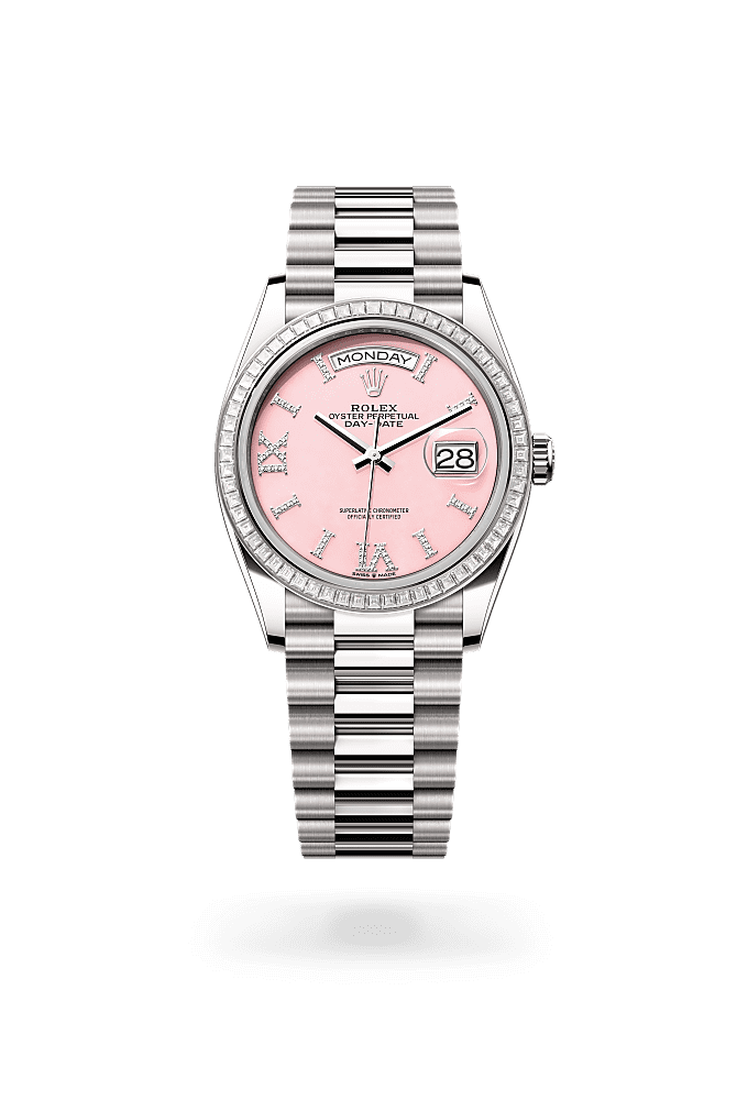 Day-Date 36, Oyster, 36 mm, white gold and diamonds, Dial : Pink opal set with diamonds, Rolex